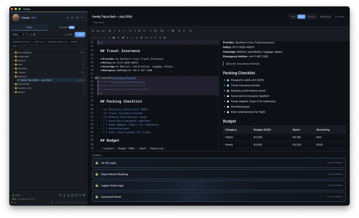 Claspt app — travel notes with locked passwords, packing checklist, and budget table