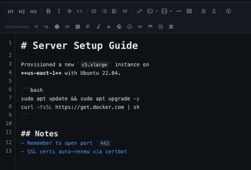 Claspt editor showing notes with headings, code blocks, and a checklist