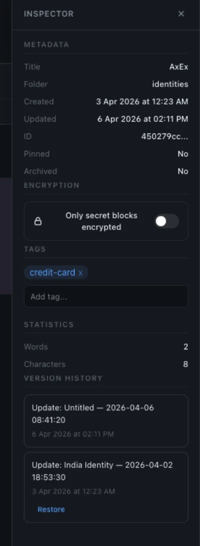 Claspt version history inspector showing metadata, tags, and restore options